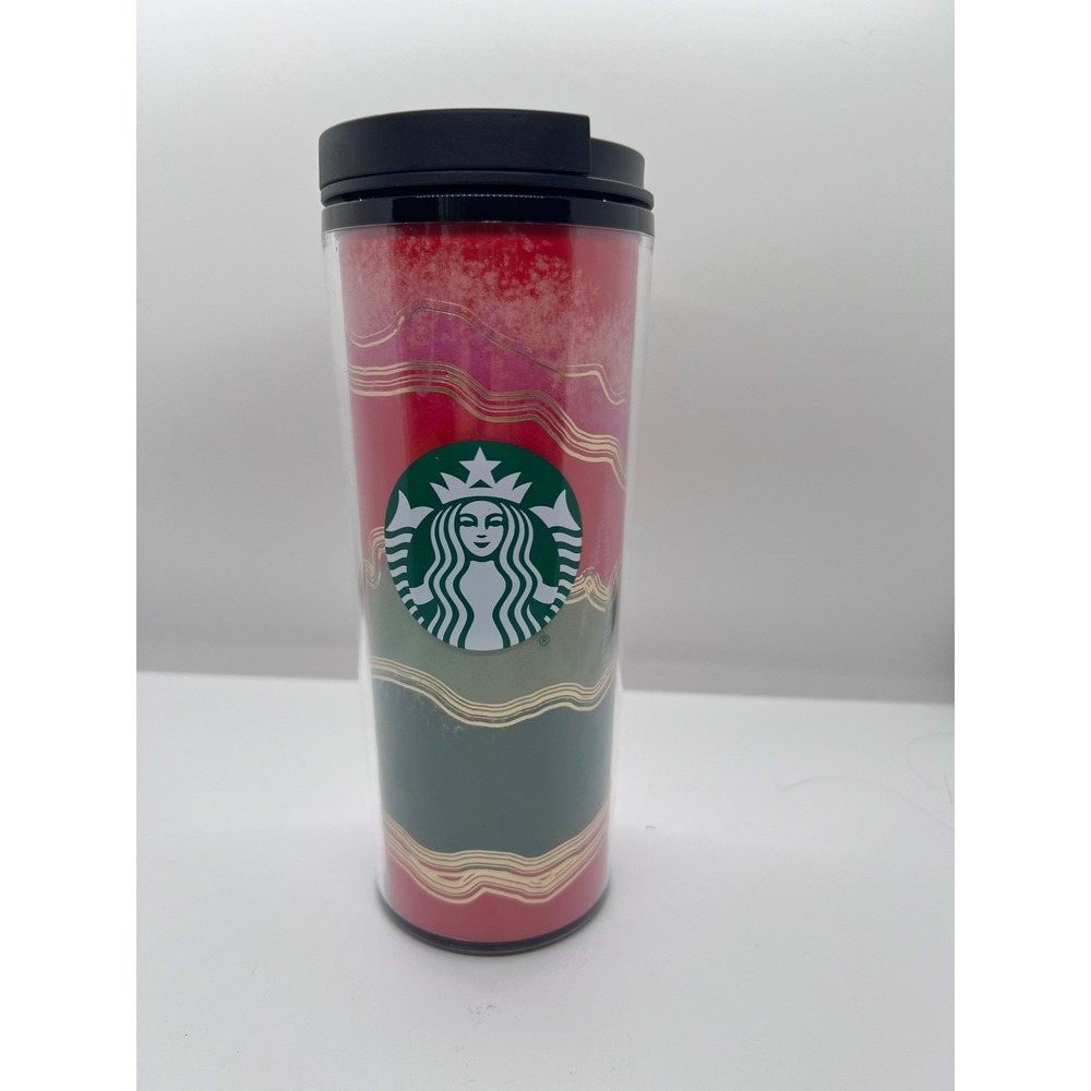Starbucks 2021 Holiday Red Green Gold Wave 16oz Travel Tumbler Coffee Cup Lid